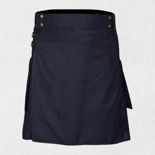 Front view of the Premium Quality Scottish Black Utility Kilt, showcasing the sleek black design and functional utility pockets.
