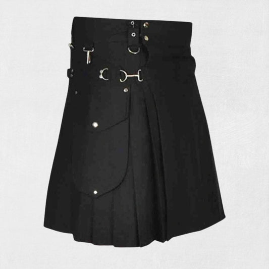  Front view of the Premium Quality Scottish Black Utility Kilt, showcasing the sleek black design and multiple utility pockets.