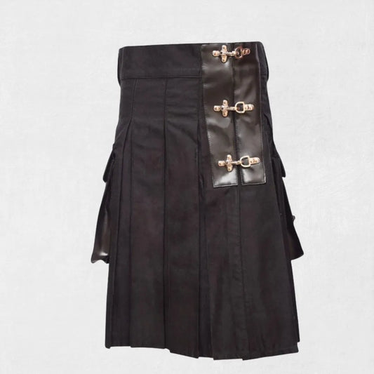 Front view of black Scottish utility kilt with cargo pockets