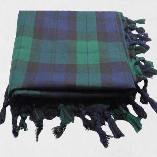 Premium Black Watch tartan fly plaid draped over shoulder with formal Scottish Highland dress.