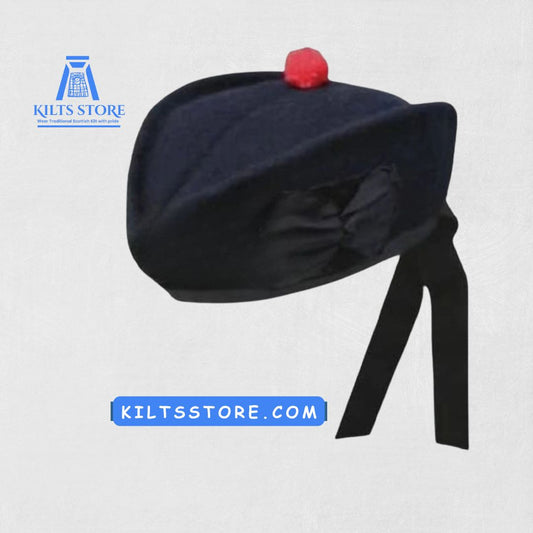 Front view of Premium Scottish Blue Glengarry Hat with traditional design