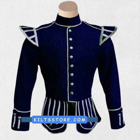 Front view of the Premium Quality Scottish Blue Highland Military Drummer Doublet Jacket, showcasing its military-inspired buttons, tailored fit, and vibrant blue color.