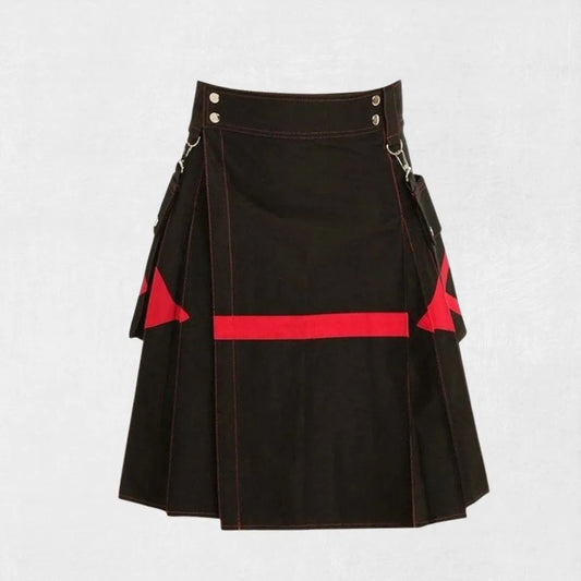 Front view of brown Scottish utility kilt with cargo pockets