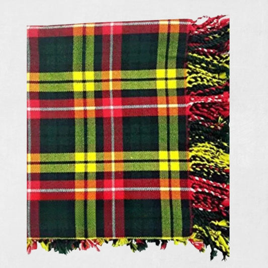 Premium Buchanan tartan fly plaid in yellow and red over shoulder with Highland kilt outfit