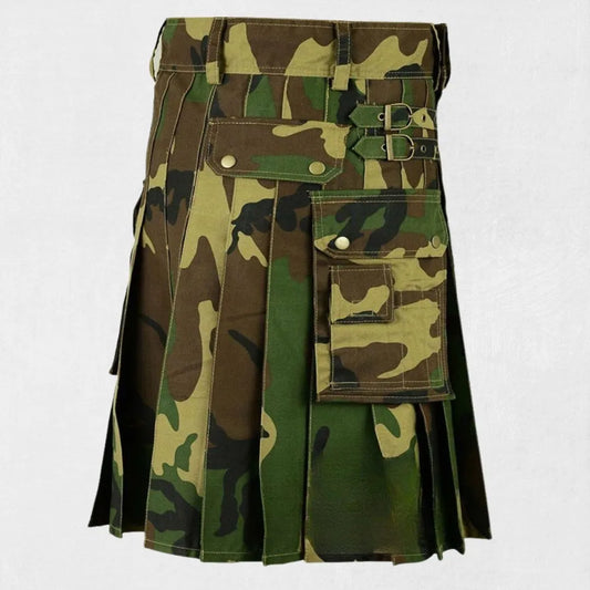  Front view of Scottish camouflage utility kilt with pockets