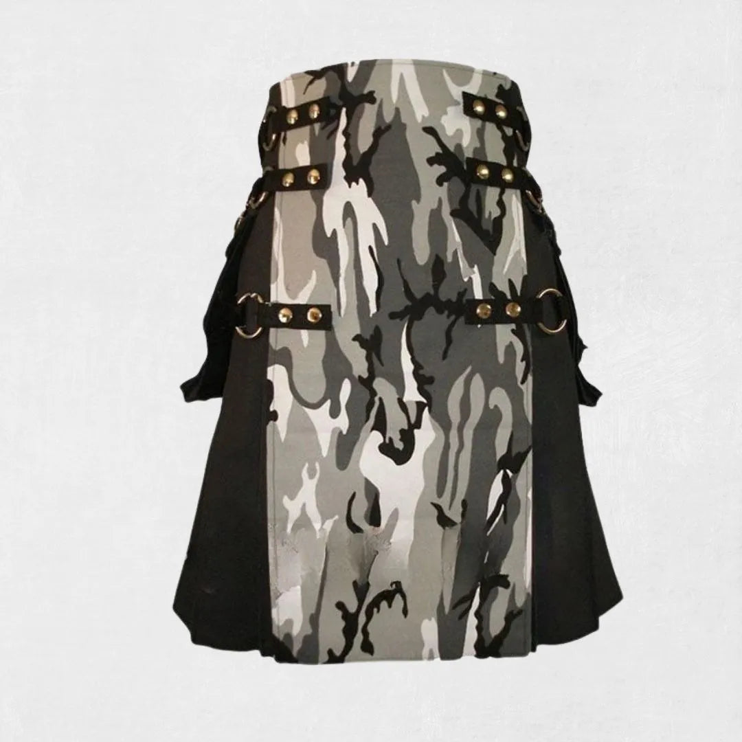  Front view of Scottish cargo utility kilt in cotton