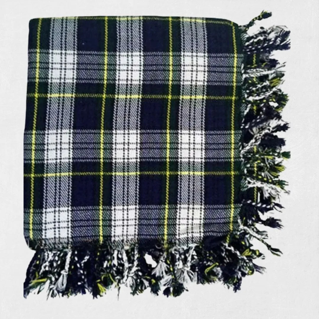 Dress Gordon tartan fly plaid in white, green, and navy over shoulder with Highland outfit
