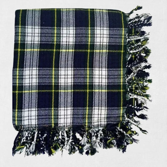 Dress Gordon tartan fly plaid in white, green, and navy over shoulder with Highland outfit