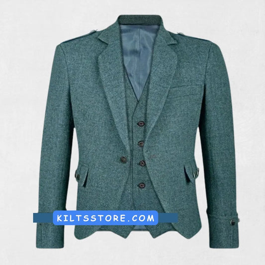 Tailored green blazer with vest on gray background featuring Kilts Store logo – formal Highland dress outfit