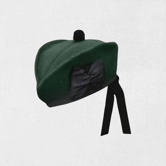 Front view of Premium Scottish Green Glengarry Hat with traditional ribbon and design