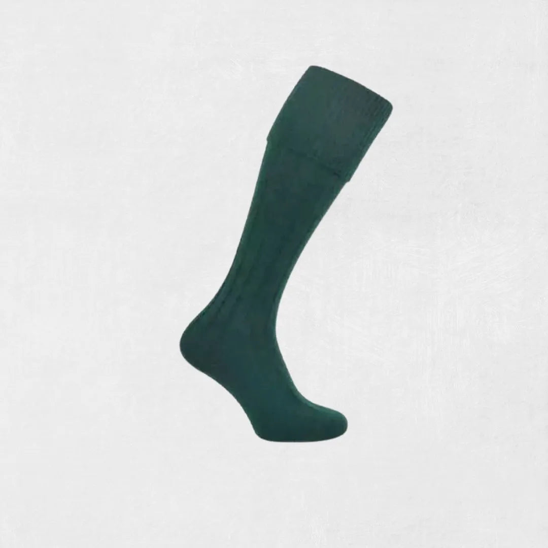 Scottish green kilt socks made from wool and cotton, perfect for weddings and events.