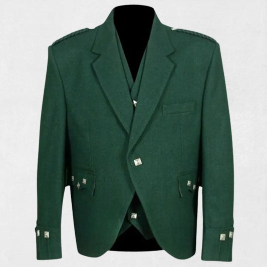 Front view of the Premium Quality Scottish Green Tweed Wool Argyle Jacket, showcasing the rich green color, classic Argyle pattern, and tailored fit.