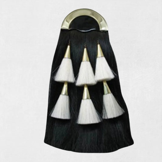 Front view of Scottish horse hair kilt sporran with chrome cantle and long flowing tassels