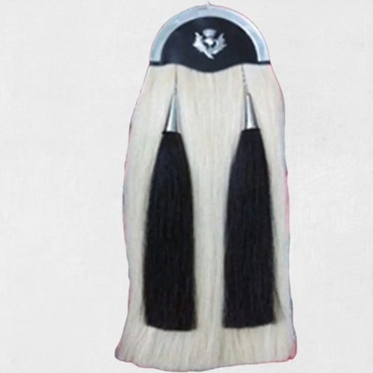 Front view of premium Scottish horse hair sporran with ornate chrome cantle and long tassels