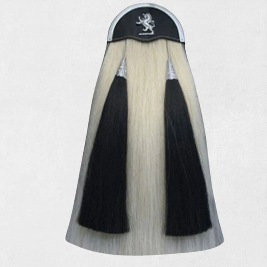 Front view of premium Scottish horse hair kilt sporran with chrome cantle and long tassels