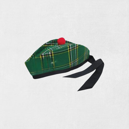 Front view of Premium Scottish Irish National Glengarry Hat with green tartan.