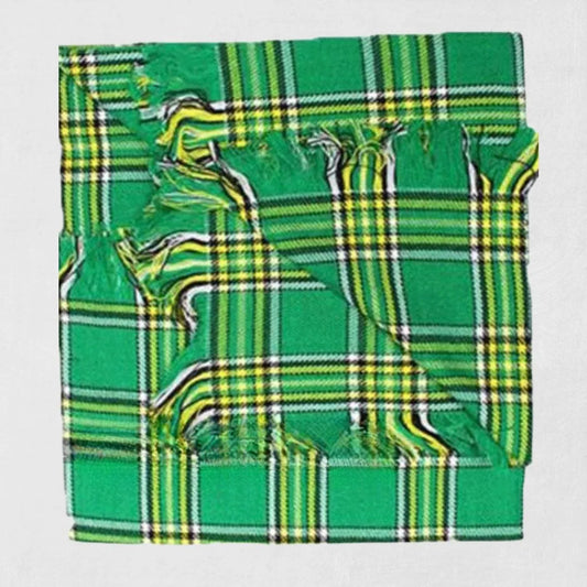 Irish National tartan fly plaid in green, navy, and gold over shoulder with formal Highland wear