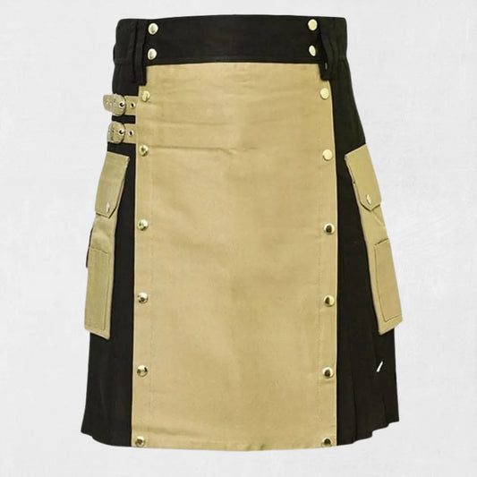 Front view of Khaki Black Hybrid Utility Kilt with cargo-style pockets
