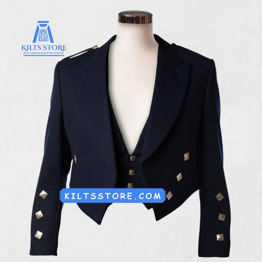 Front view of the Premium Quality Scottish Prince Charlie Jacket with Vest, showcasing its sharp tailored fit, intricate button closures, satin trims, and elegant vest.
