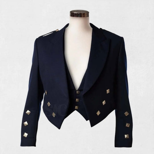 Front view of the Premium Quality Scottish Prince Charlie Jacket with Vest, showcasing its sharp tailored fit, intricate button closures, satin trims, and elegant vest.