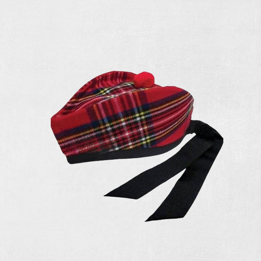 Front view of Premium Scottish Royal Stewart Tartan Glengarry Hat with red tartan