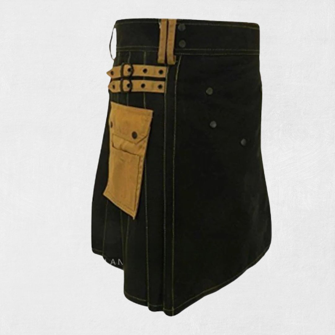  Front view of the Premium Quality Scottish Black Utility Kilt 4, showcasing its sleek black color and multiple utility pockets.