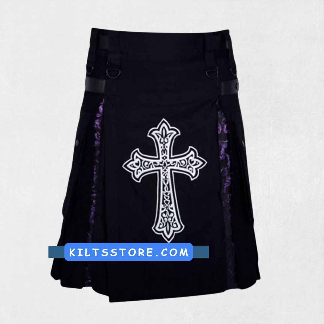 Front view of the Premium Quality Sword Black Hybrid Kilt Design, showcasing the sleek black color, unique sword detailing, and tailored fit.