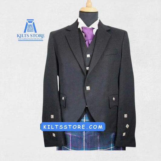 Front view of the Premium Quality Traditional Black Argyle Jacket, showcasing the rich black color, classic Argyle pattern, and tailored fit.