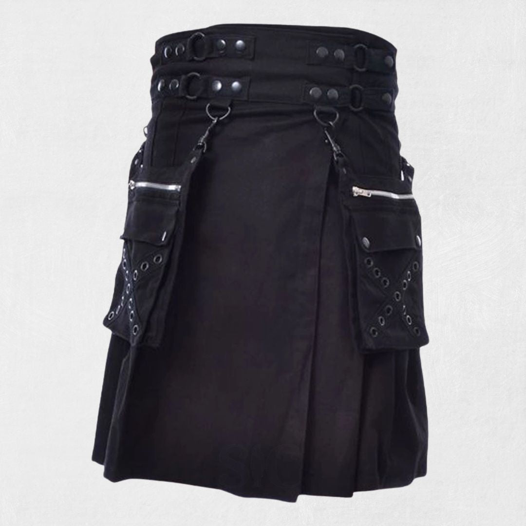 Front view of the Premium Quality Traditional Scottish Black Gothic Kilt, showcasing its pleated design and gothic-inspired buckle details.

