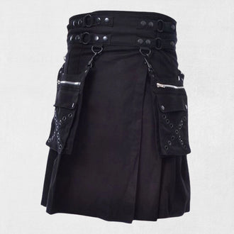 Front view of the Premium Quality Traditional Scottish Black Gothic Kilt, showcasing its pleated design and gothic-inspired buckle details.

