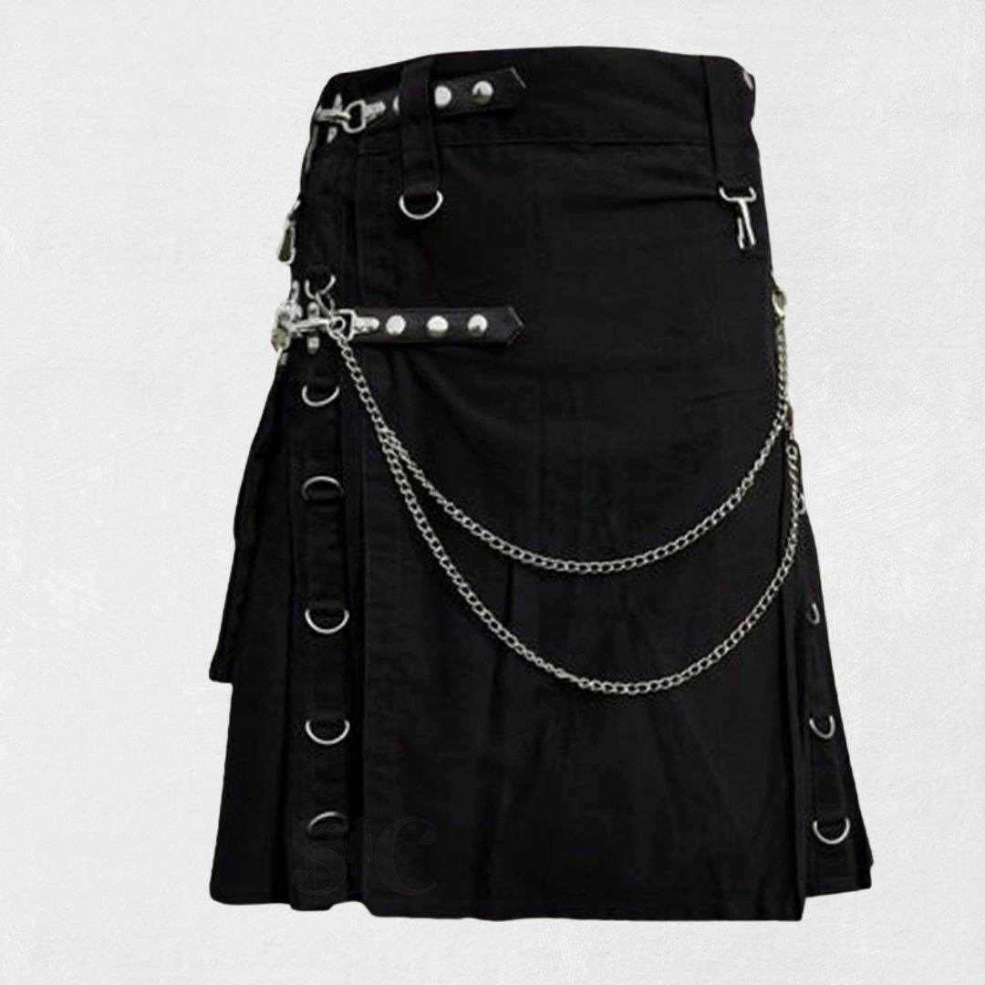 Premium Quality Traditional Scottish Black Gothic Kilt front view showcasing detailed pleats and elegant buckle adjustments.