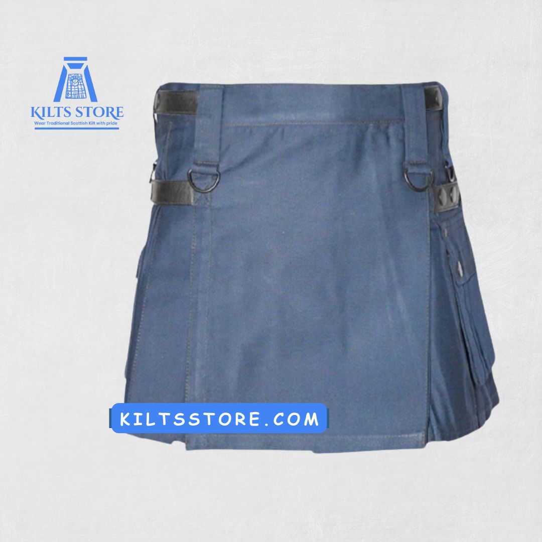 Front view of Traditional Scottish Blue Women Utility Kilt with deep pockets and adjustable straps