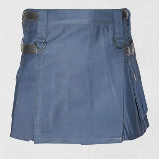 Front view of Traditional Scottish Blue Women Utility Kilt with deep pockets and adjustable straps