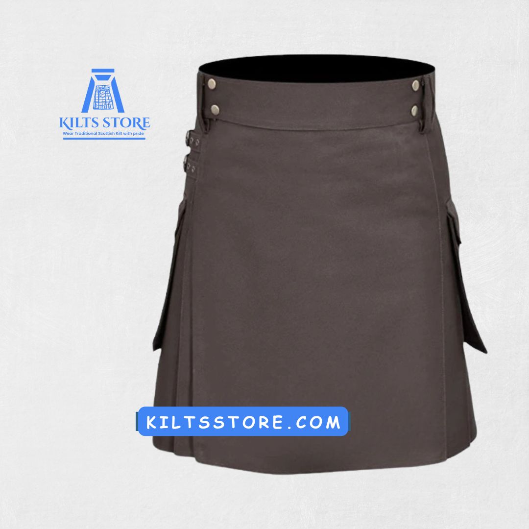 Front view of Traditional Scottish Brown Utility Kilt with large pockets and adjustable straps