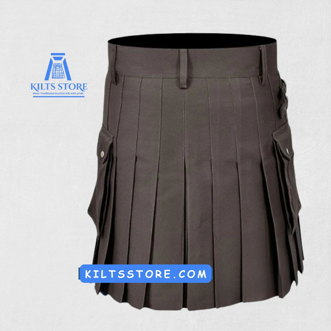 Back view of Traditional Scottish Brown Utility Kilt with large pockets and adjustable straps