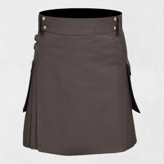 Front view of Traditional Scottish Brown Utility Kilt with large pockets and adjustable straps