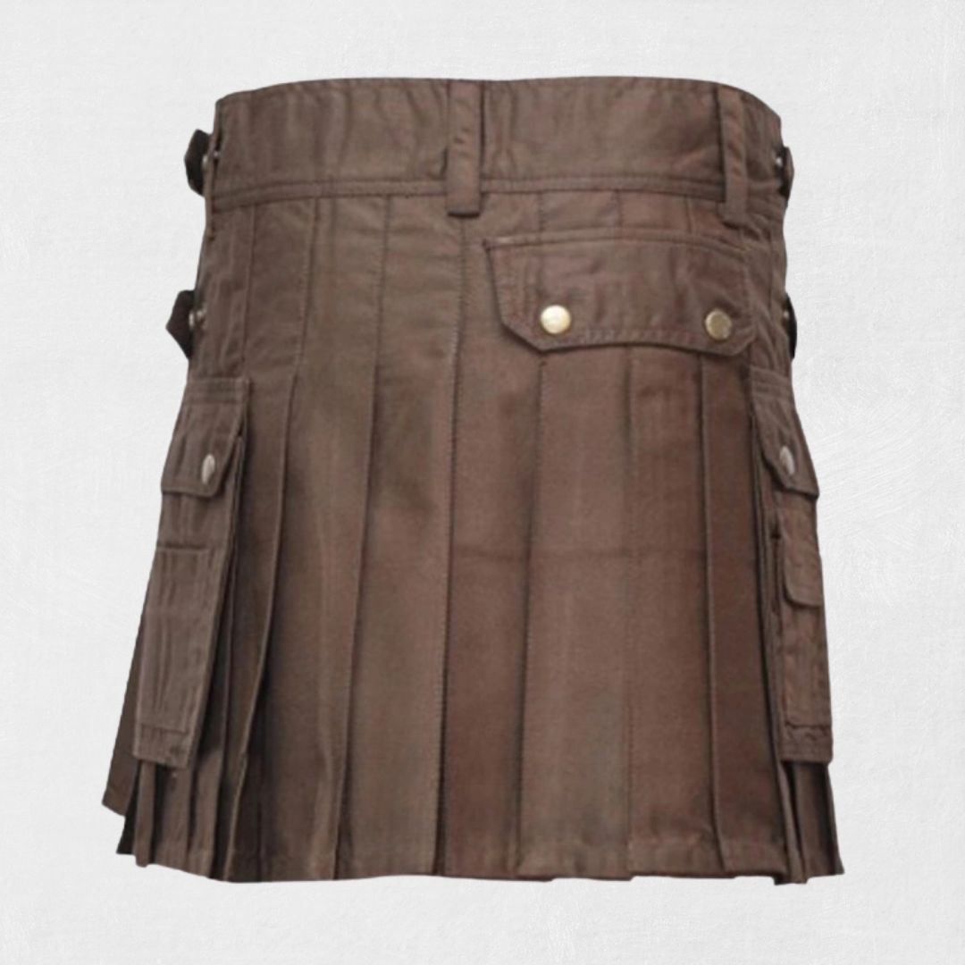 Back view of Traditional Scottish Brown Women Utility Kilt with deep pockets and adjustable straps