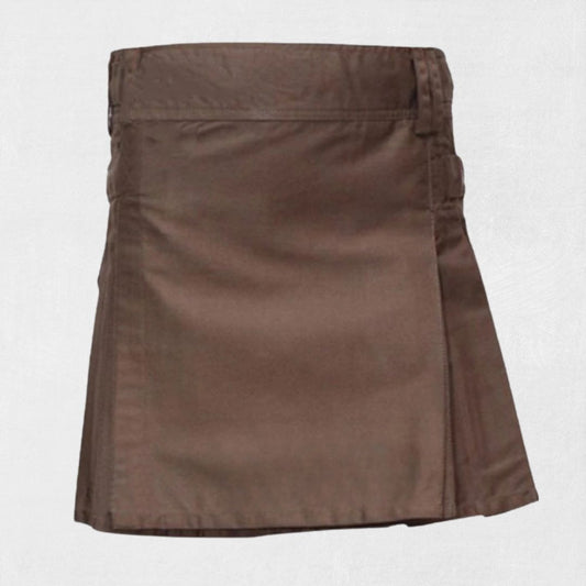 Front view of Traditional Scottish Brown Women Utility Kilt with deep pockets and adjustable straps