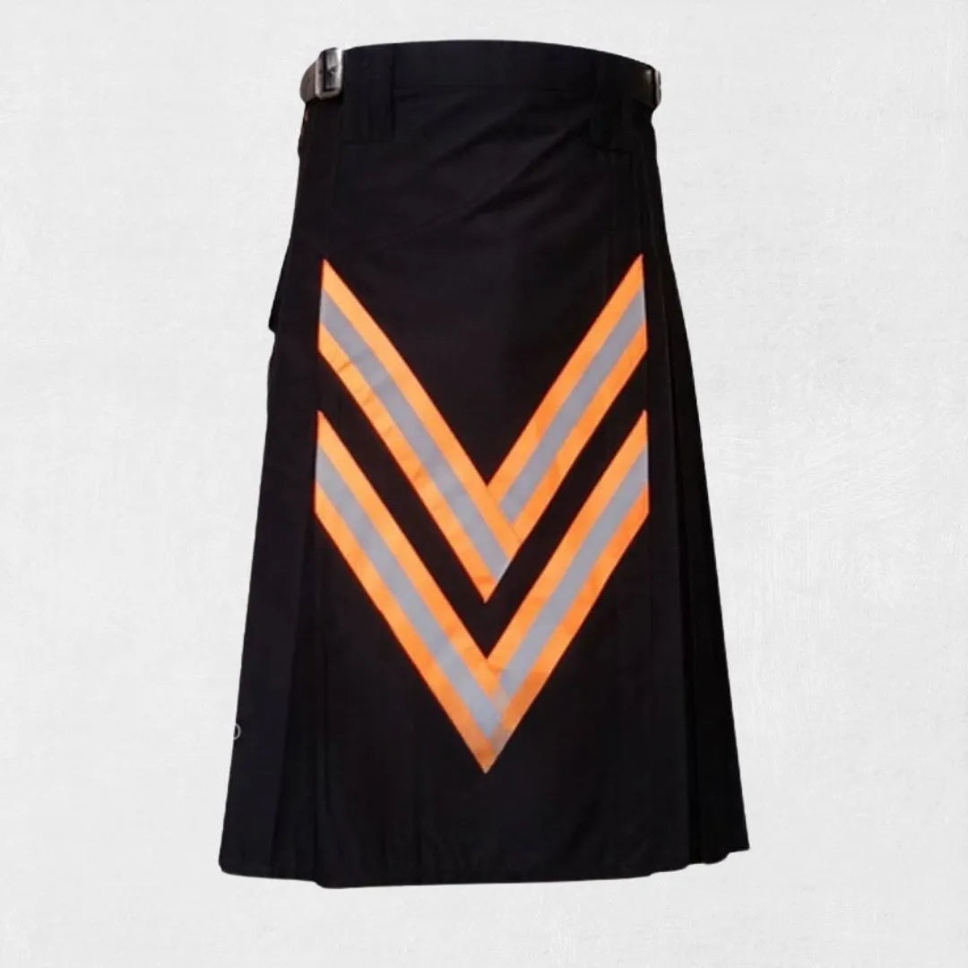 Front view of Premium Traditional Scottish Firefighter Utility Kilt with reflective details and pockets.