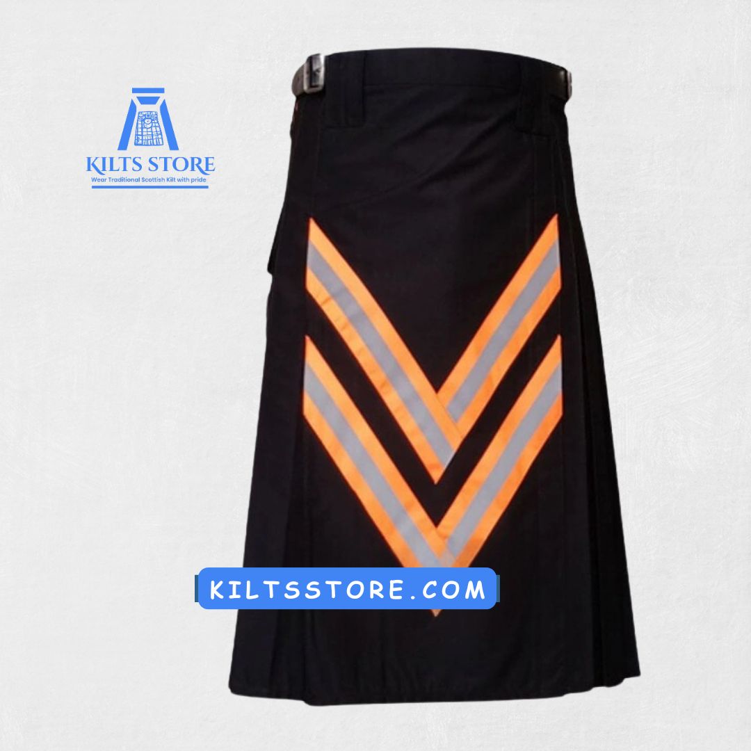 Front view of Premium Traditional Scottish Firefighter Utility Kilt with reflective details and pockets