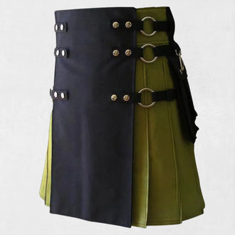 Front view of Traditional Scottish Hybrid Utility Kilt with tartan and cargo pockets