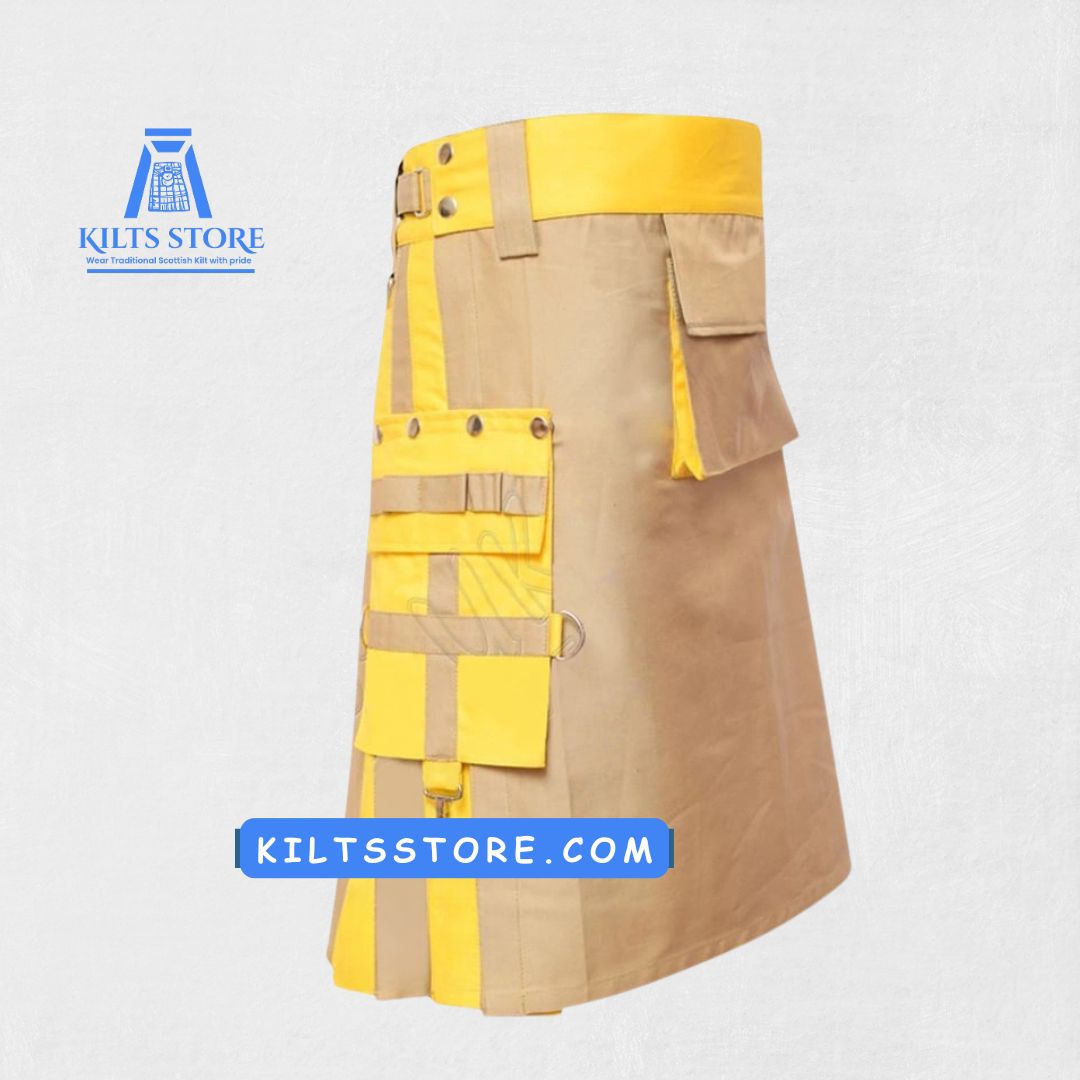 Front view of Khaki Yellow Hybrid Kilt with yellow tartan and utility pockets