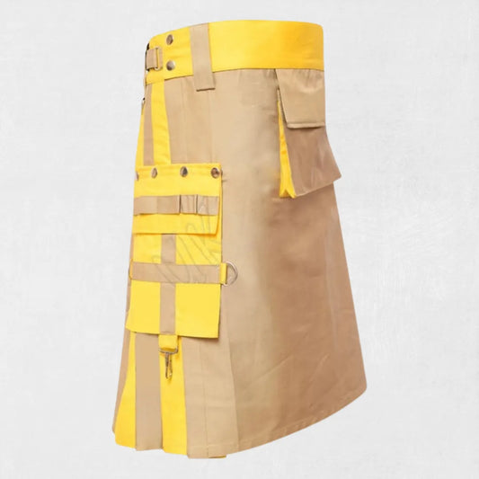 Front view of Khaki Yellow Hybrid Kilt with yellow tartan and utility pockets.