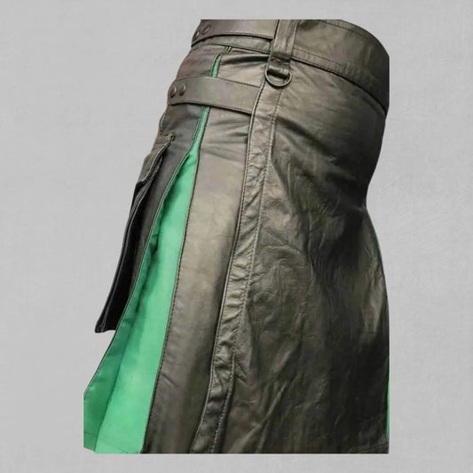 Front view of the premium traditional Scottish leather kilt, showcasing its smooth leather texture and traditional pleating design.