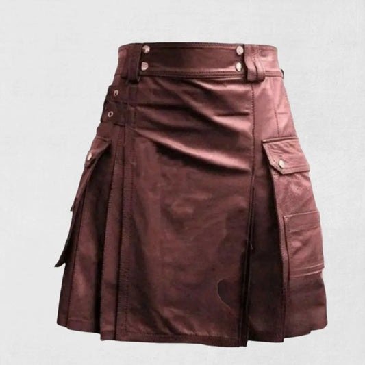 Front view of the Premium-Quality-Traditional-Scottish-Leather-Kilt, showcasing the smooth leather texture and traditional pleating design.