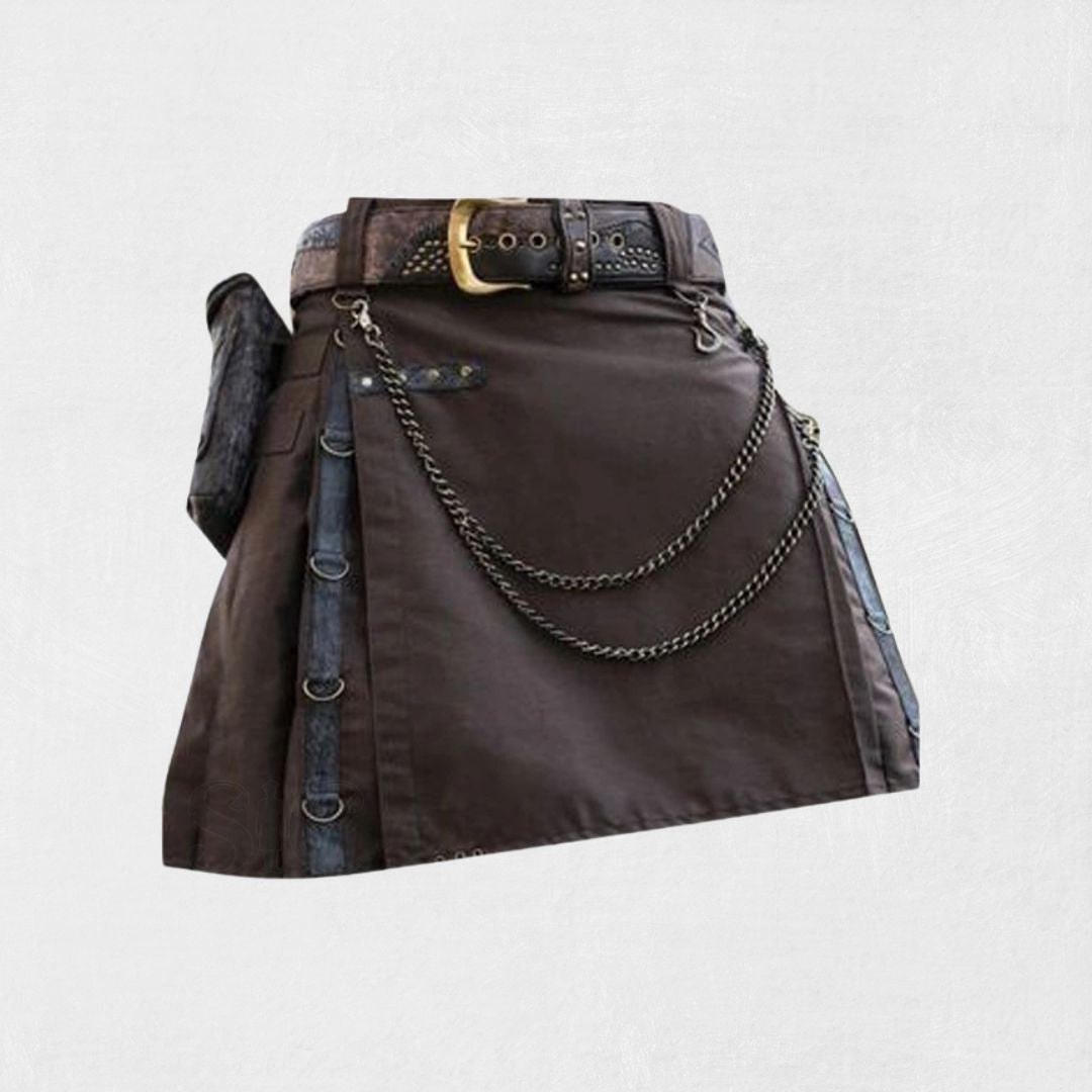 Front view of the Premium Quality Traditional Scottish Modern Gothic Kilt, showcasing detailed pleats and gothic-inspired buckle adjustments.
