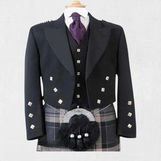 Front view of the Premium Quality Traditional Scottish Prince Charlie Jacket with Five-Button Vest, showcasing intricate button details, satin trims, and the tailored fit of the jacket and vest.