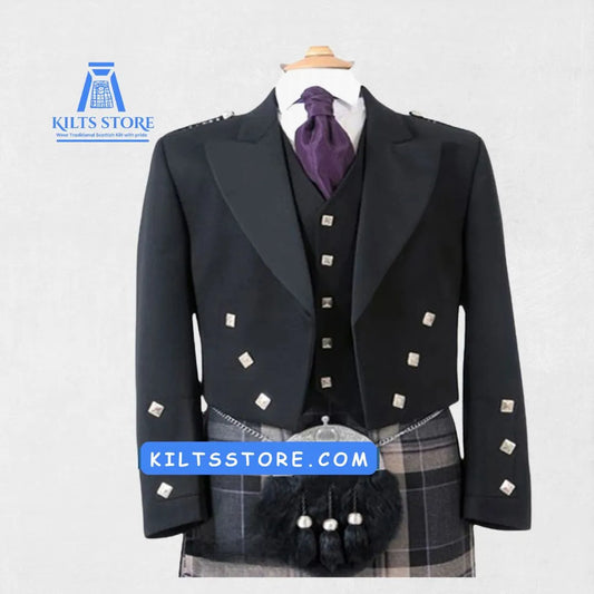 Front view of the Premium Quality Traditional Scottish Prince Charlie Jacket with Five-Button Vest, showcasing intricate button details, satin trims, and the tailored fit of the jacket and vest.

