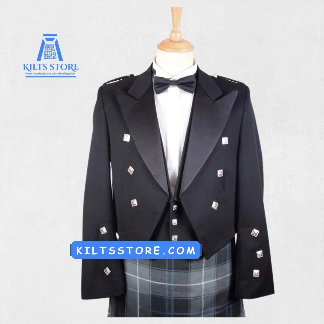 Front view of the Premium Quality Traditional Scottish Prince Charlie Jacket with Three-Button Vest, showcasing detailed button closures, satin trims, and the sharp tailored fit of the jacket and vest.