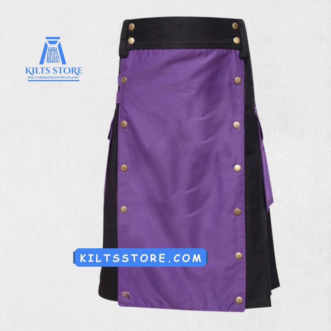 Front view of Purple Black Cotton Utility Kilt with tartan and storage pockets